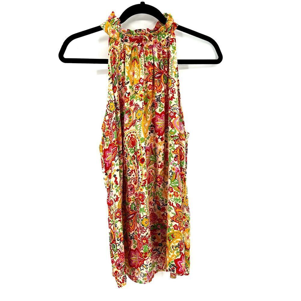 CYNTHIA ROWLEY Orange Yellow Red Floral Ruffle Neck Sleeveless Blouse Size Large